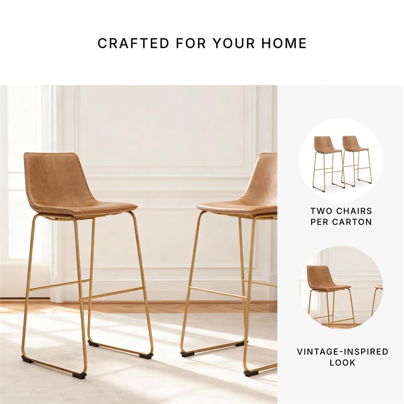 Pemberly Row Contemporary Faux Leather Brown & Gold Tall Barstool - Set of 2