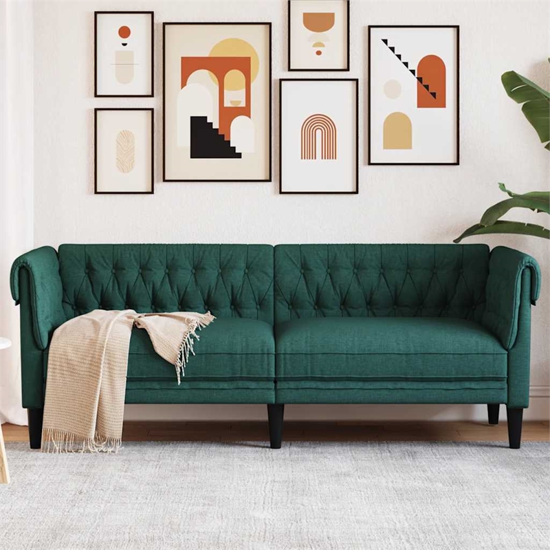 Pemberly Row Fabric Polyester Chesterfield Sofa in Dark Green
