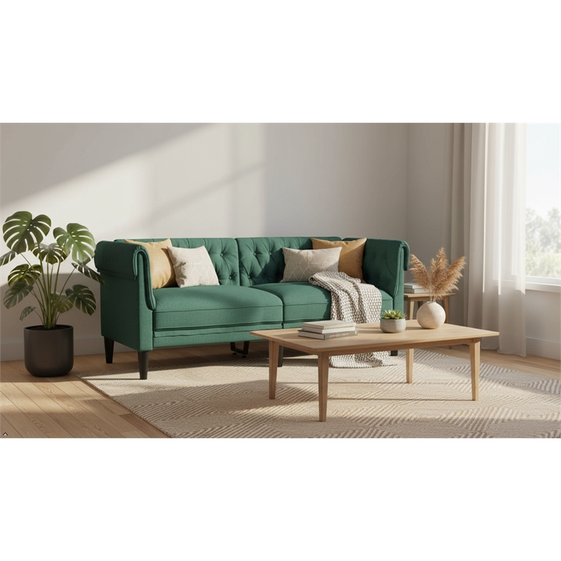 Pemberly Row Fabric Polyester Chesterfield Sofa in Dark Green