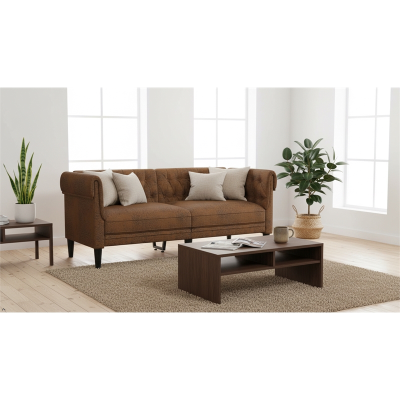 Pemberly Row Modern Fabric Polyester Chesterfield Sofa in Brown