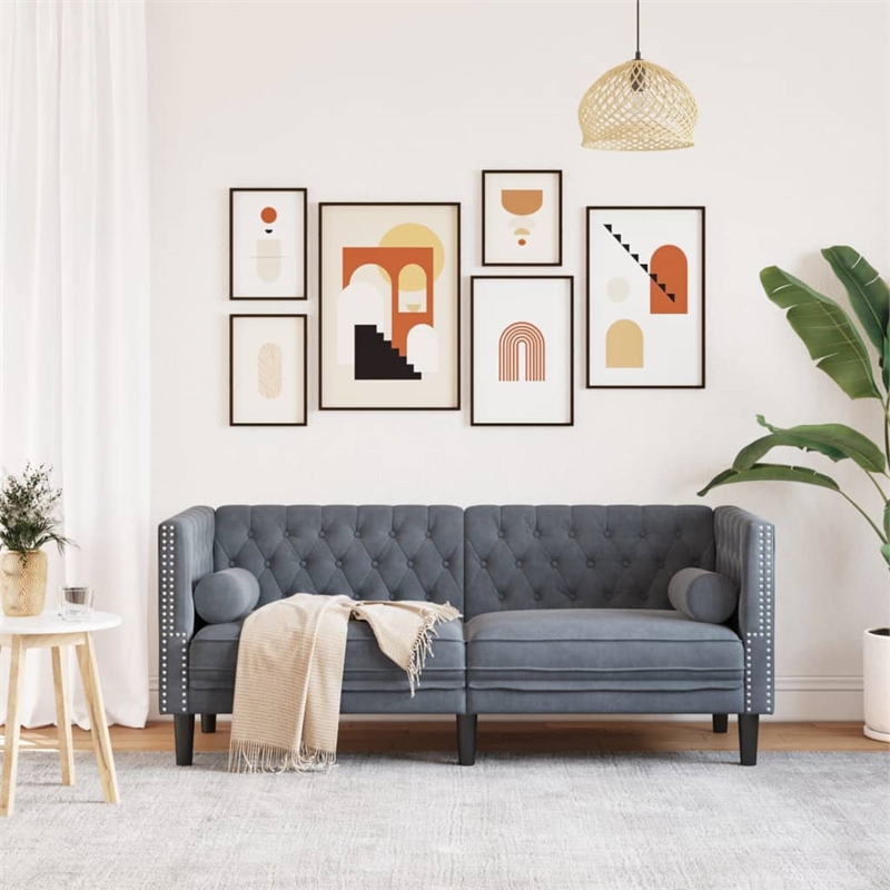 Pemberly Row Fabric Velvet 2-Seater Chesterfield Sofa in Dark Grey