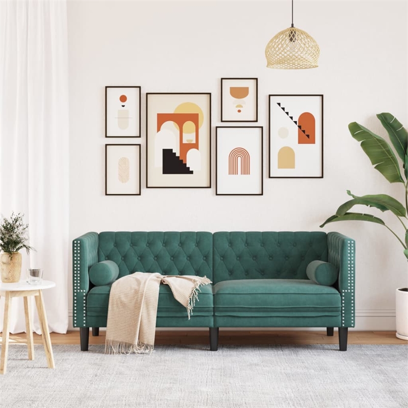 Pemberly Row Fabric Velvet 2-Seater Chesterfield Sofa in Dark Green