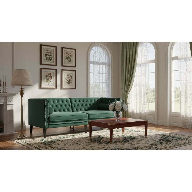 Pemberly Row Fabric Velvet 3-Seater Chesterfield Sofa in Dark Green