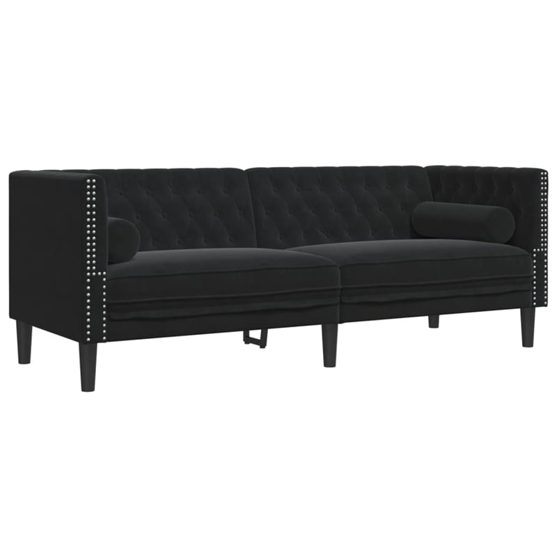 Pemberly Row Fabric Velvet 3-Seater Chesterfield Sofa in Black