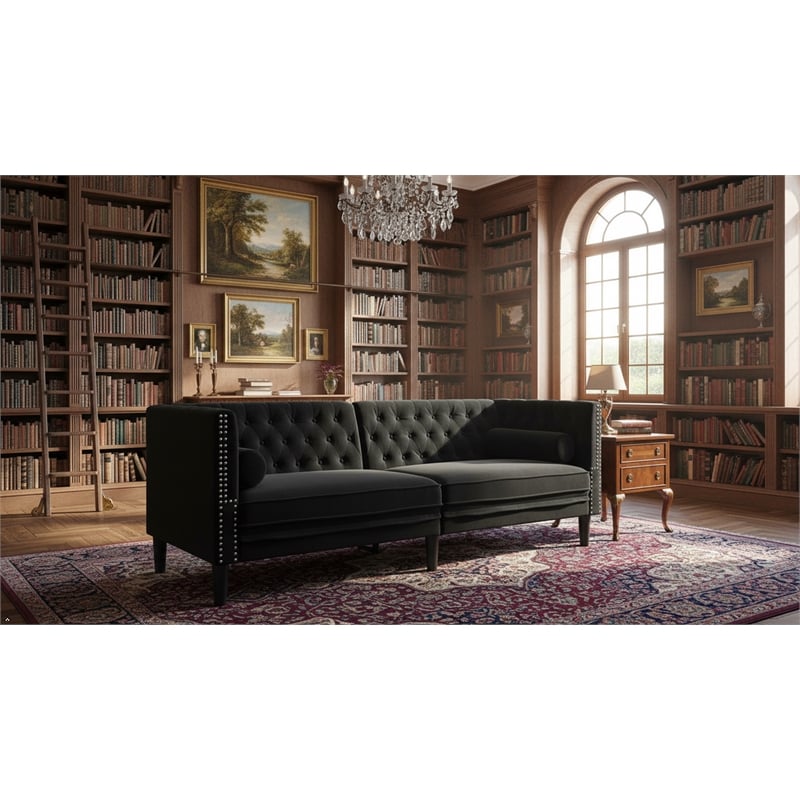 Pemberly Row Fabric Velvet 3-Seater Chesterfield Sofa in Black