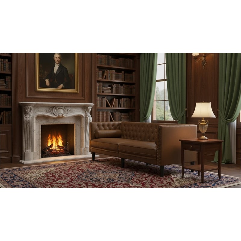 Pemberly Row Fabric Polyester 3-Seater Chesterfield Sofa in Brown