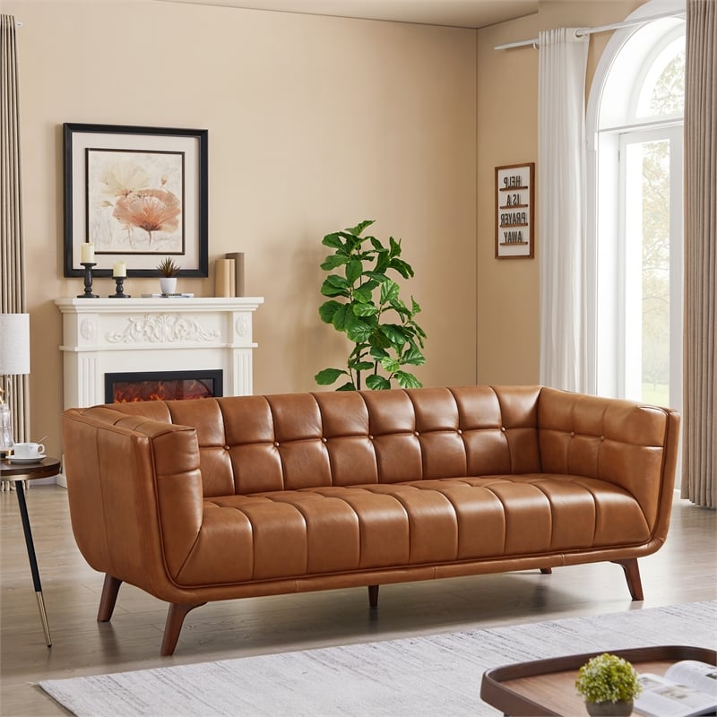 Pemberly Row Living Room Chesterfield Tufted Back Leather Sofa in Genuine Tan