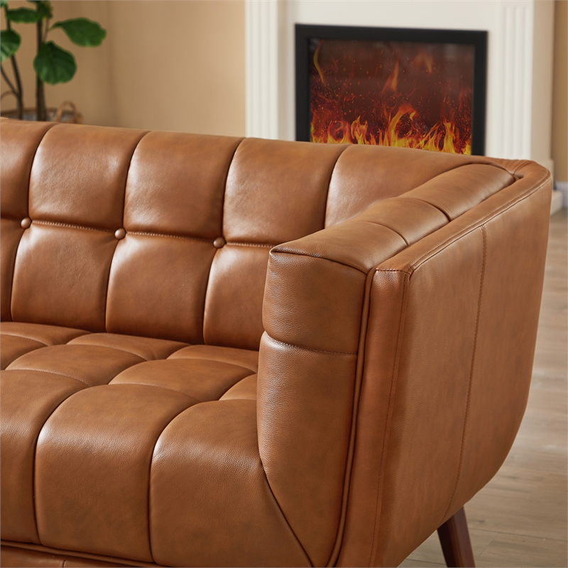 Pemberly Row Living Room Chesterfield Tufted Back Leather Sofa in Genuine Tan