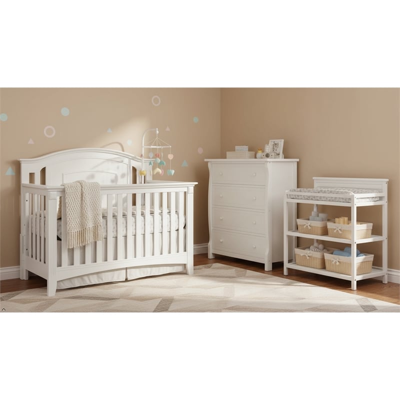 Pemberly Row 3-Piece Nursery Set: Convertible Crib, Changing Station, and 4-Drawer Dresser in White 