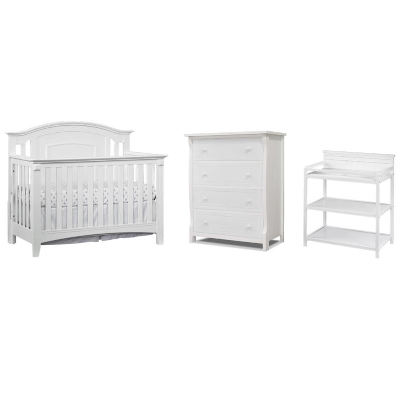 Pemberly Row 3-Piece Nursery Set: Convertible Crib, Changing Station, and 4-Drawer Dresser in White 