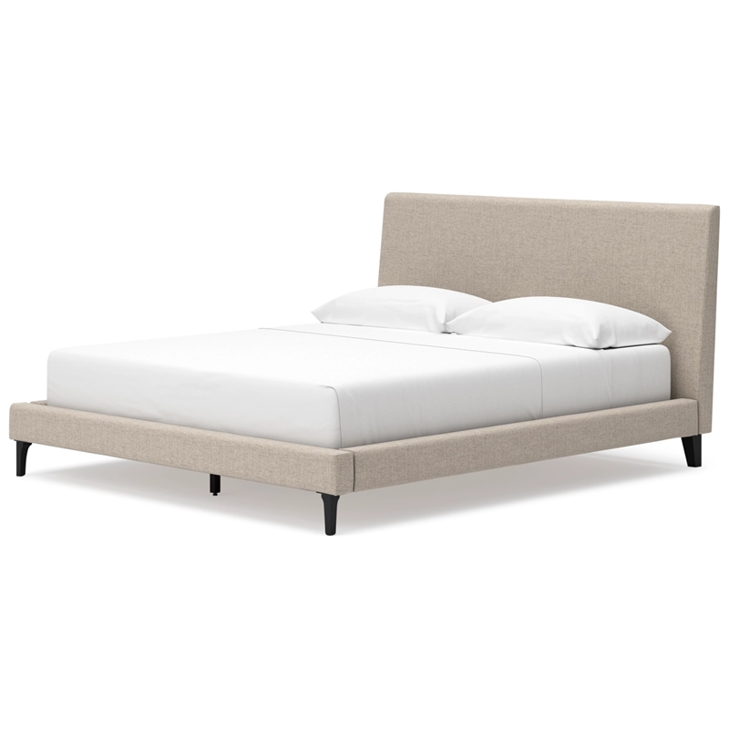 Pemberly Row Contemporary Beige Queen Upholstered Bed with Roll Slats