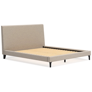 Pemberly Row Contemporary Beige Queen Upholstered Bed with Roll Slats