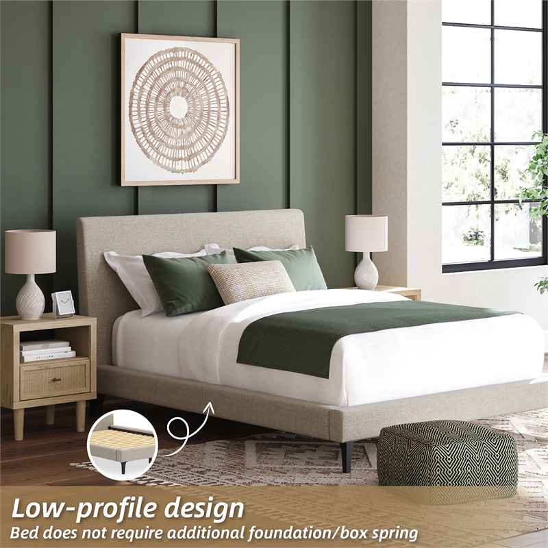 Pemberly Row Contemporary Beige Queen Upholstered Bed with Roll Slats