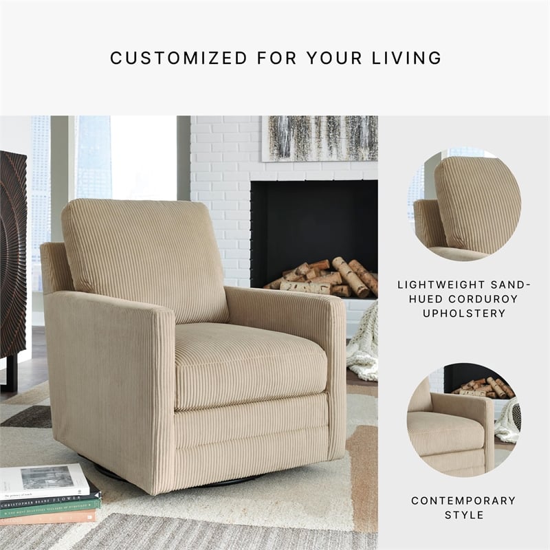 Pemberly Row Contemporary Polyester Upholstered Sand Swivel Chair