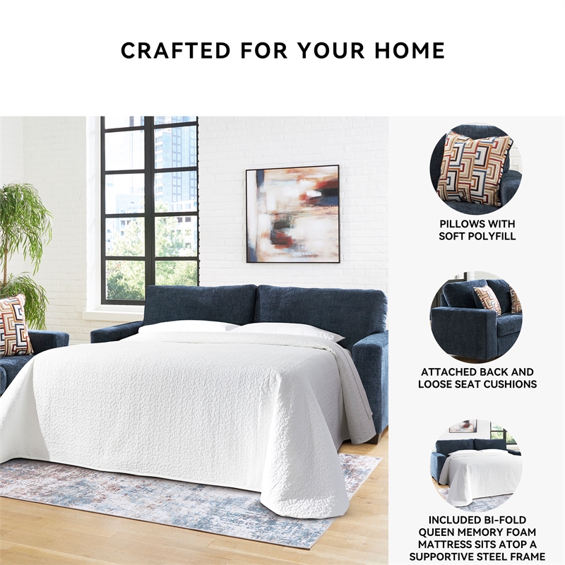 Pemberly Row Contemporary Polyester Upholstered Blue Queen Sofa Sleeper