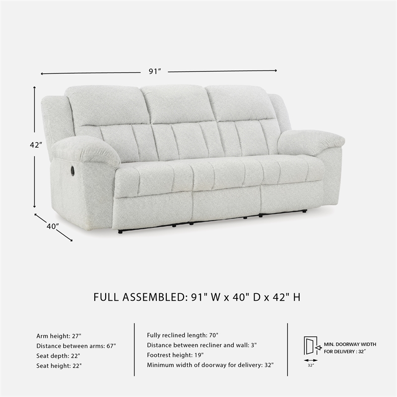Pemberly Row Contemporary Polyester Upholstered White Reclining Sofa