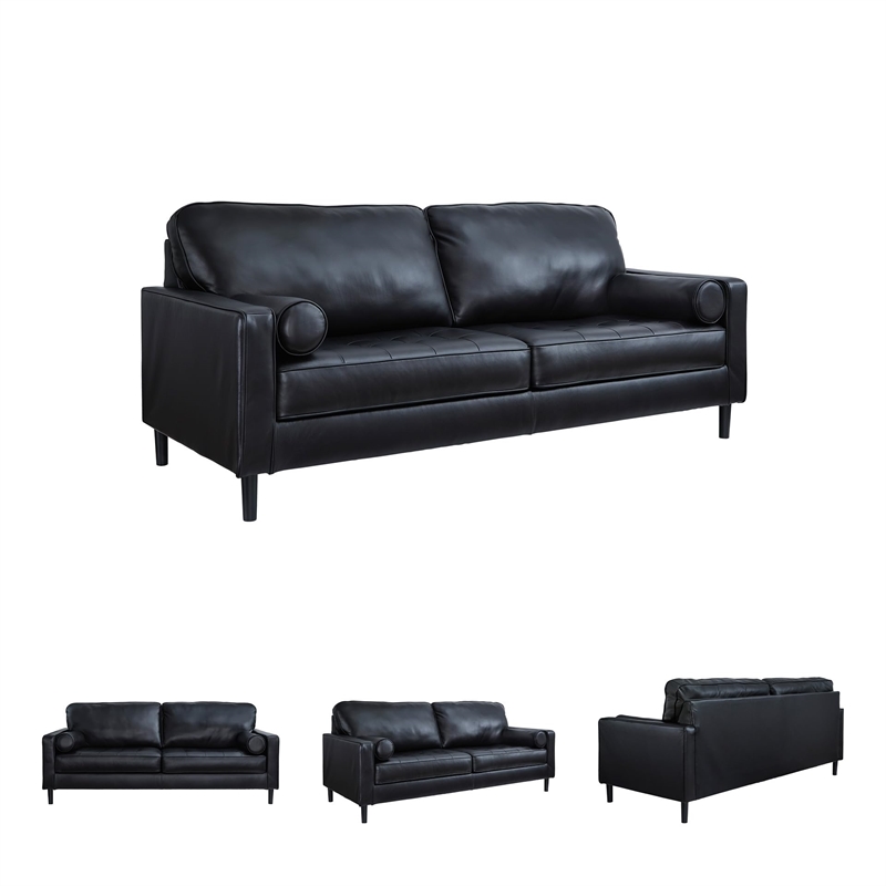 Pemberly Row Contemporary Leather Upholstered Black Finish Sofa