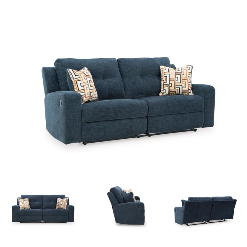 Pemberly Row Contemporary Polyester Upholstered Blue Reclining Sofa