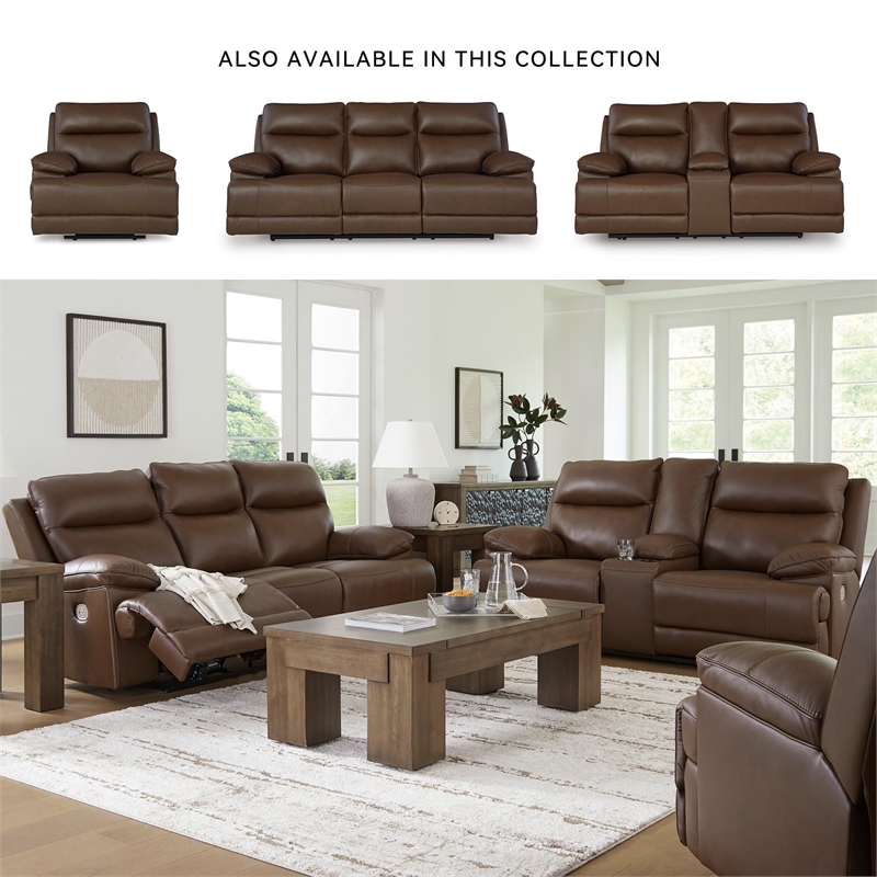Pemberly Row Contemporary Leather Brown Power Reclining Sofa