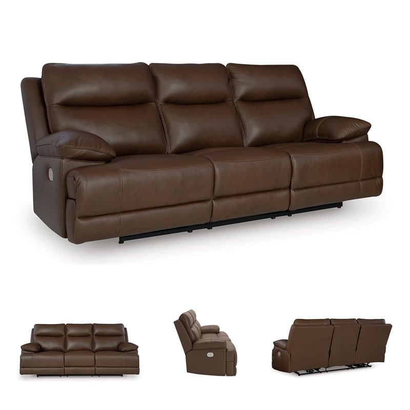 Pemberly Row Contemporary Leather Brown Power Reclining Sofa