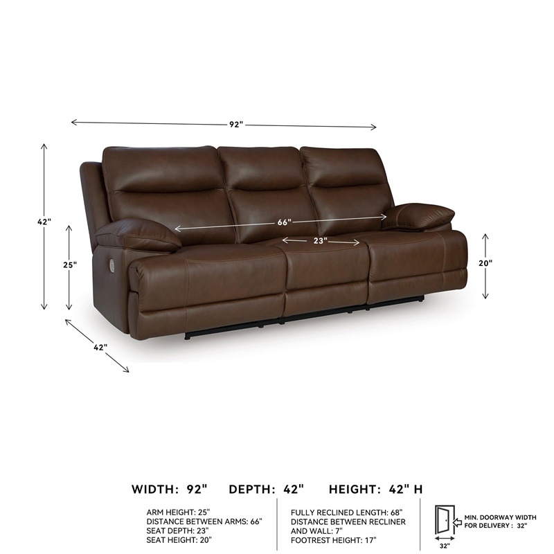 Pemberly Row Contemporary Leather Brown Power Reclining Sofa