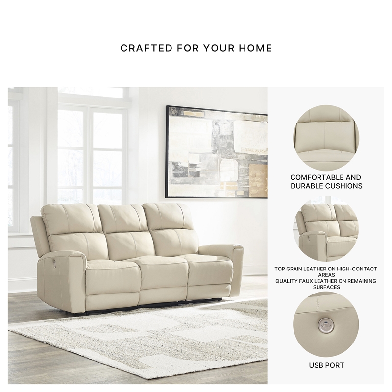 Pemberly Row Contemporary Leather Beige Power Reclining Sofa