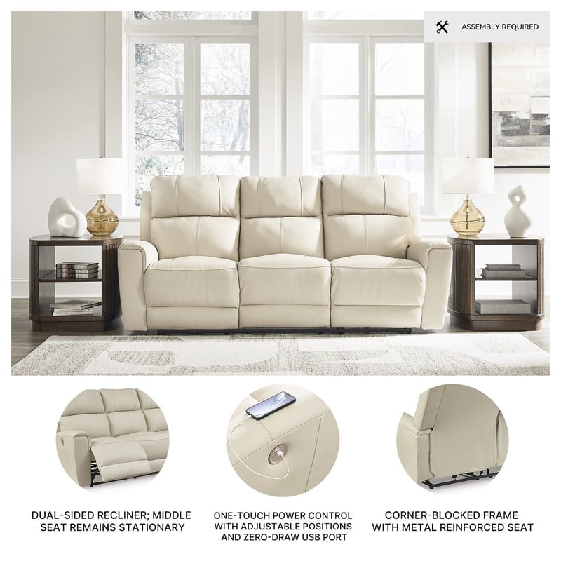 Pemberly Row Contemporary Leather Beige Power Reclining Sofa