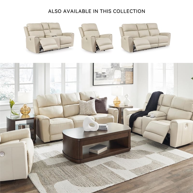 Pemberly Row Contemporary Leather Beige Power Reclining Loveseat with Console
