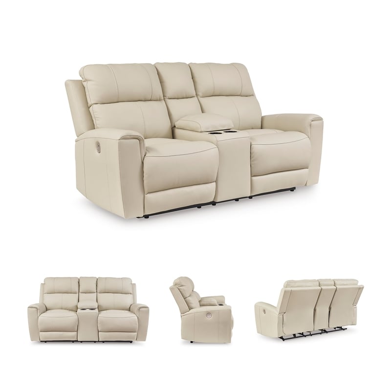Pemberly Row Contemporary Leather Beige Power Reclining Loveseat with Console