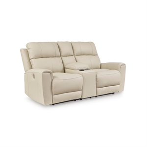 Pemberly Row Contemporary Leather Beige Power Reclining Loveseat with Console