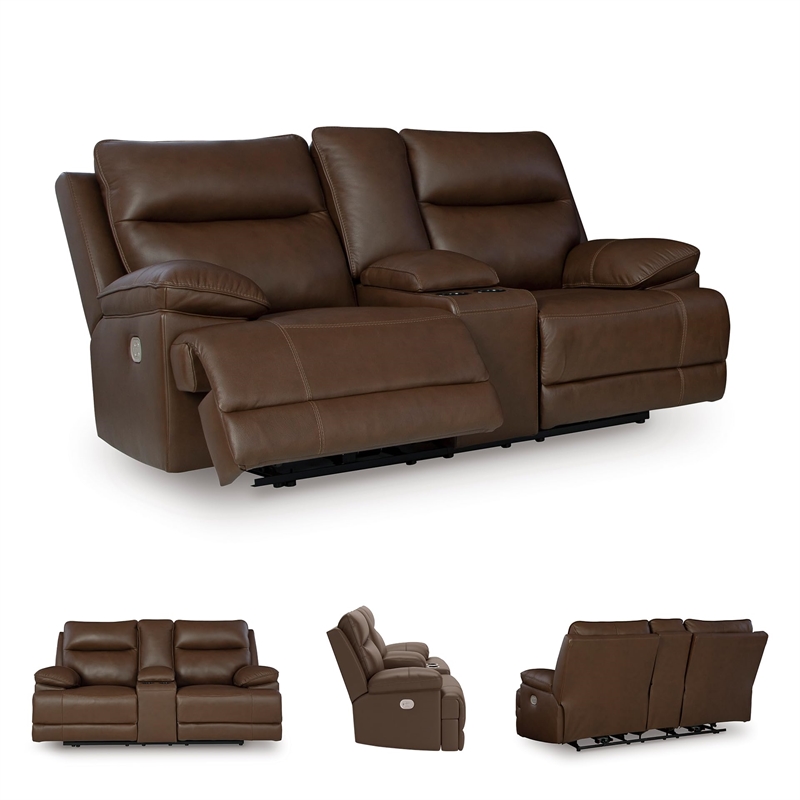 Pemberly Row Contemporary Leather Brown Power Reclining Loveseat