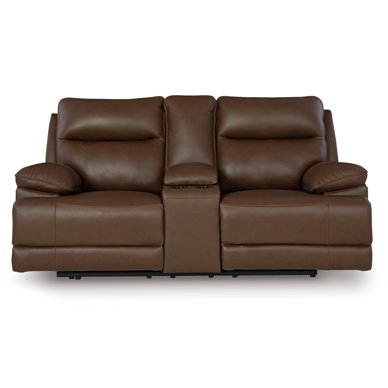 Pemberly Row Contemporary Leather Brown Power Reclining Loveseat