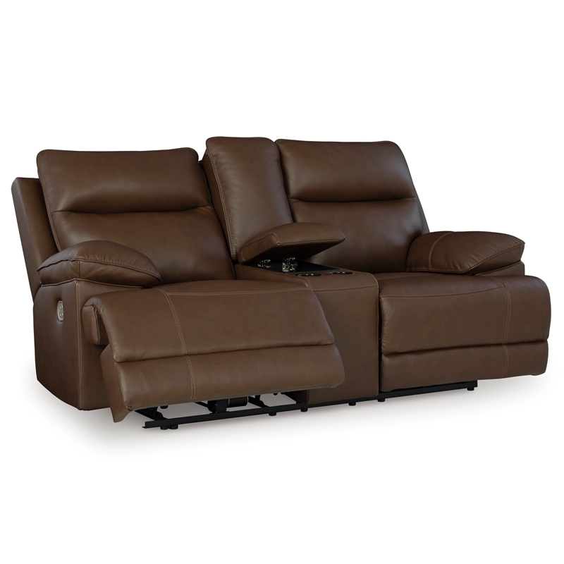 Pemberly Row Contemporary Leather Brown Power Reclining Loveseat