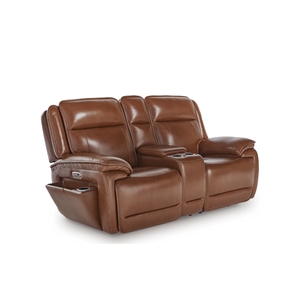 Pemberly Row Contemporary Leather Brown Power Reclining Loveseat with Console