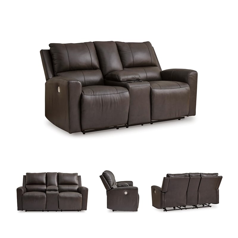 Pemberly Row Contemporary Leather Brown Power Reclining Loveseat with Console