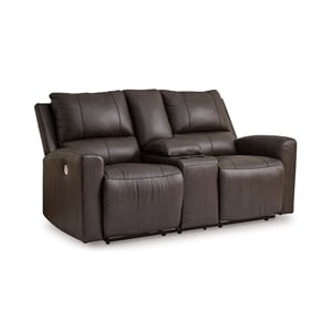 Pemberly Row Contemporary Leather Brown Power Reclining Loveseat with Console