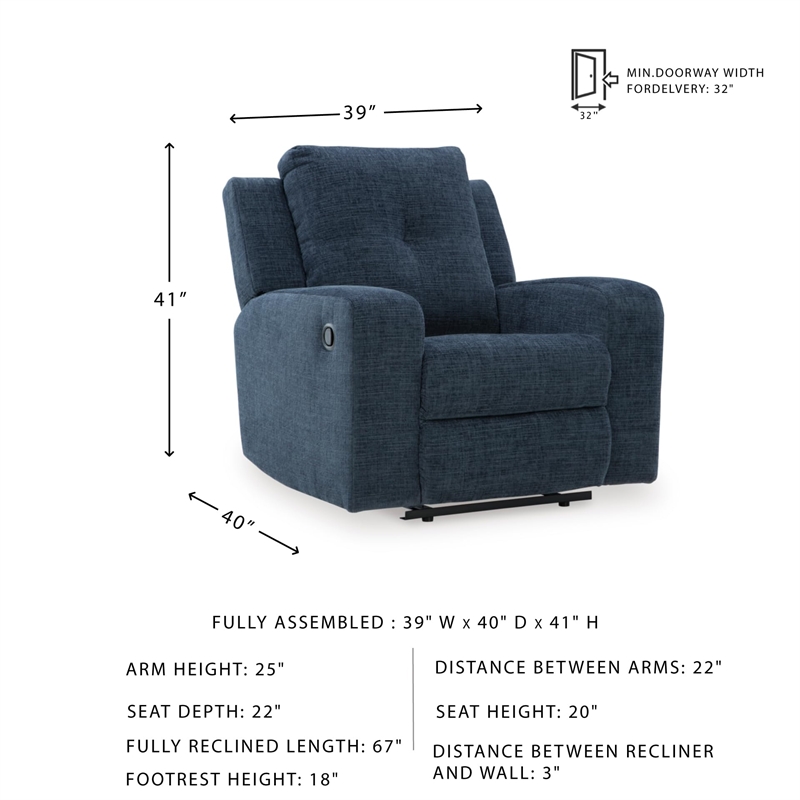 Pemberly Row Contemporary Polyester Upholstered Blue Recliner