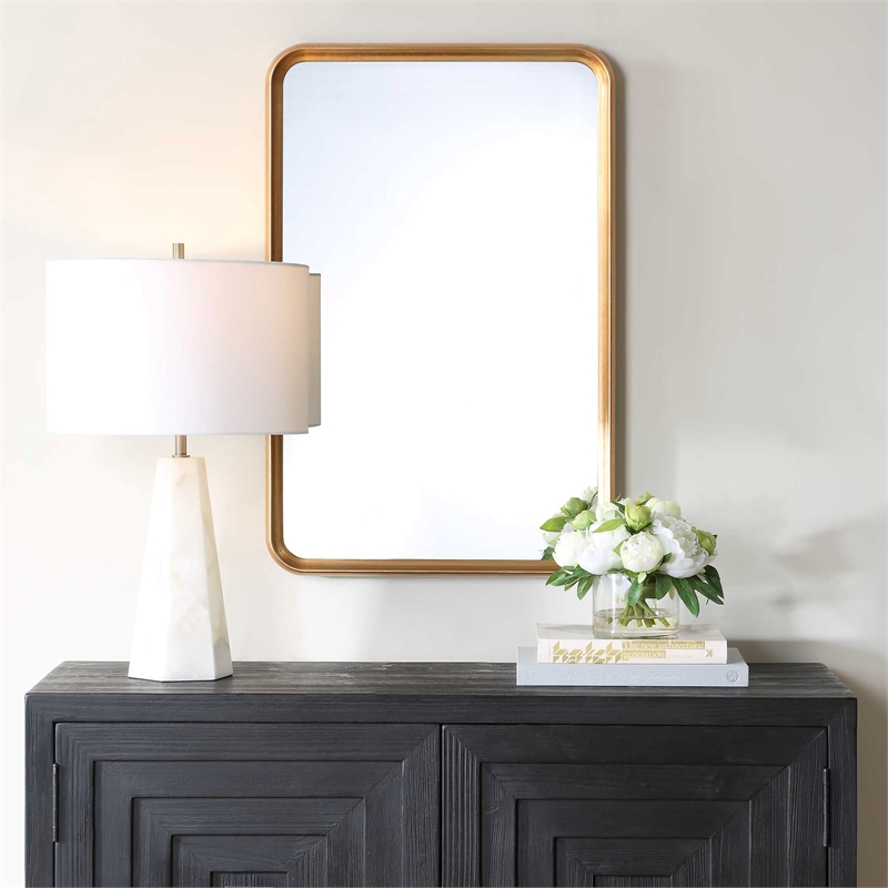 Pemberly Row Contemporary Rectangular Concave Sloped Mirror in Gold