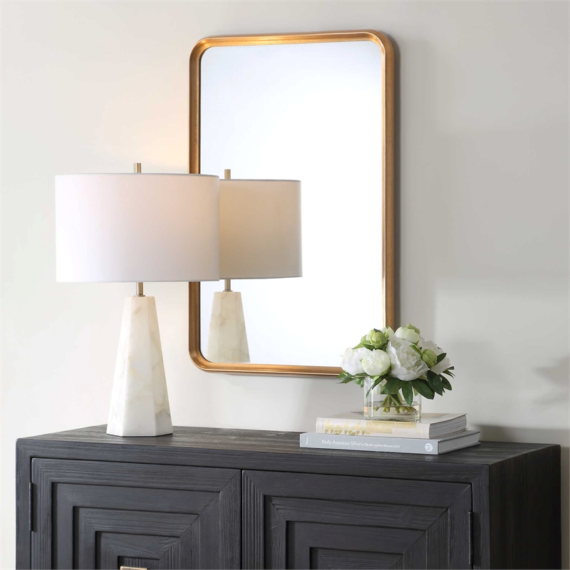 Pemberly Row Contemporary Rectangular Concave Sloped Mirror in Gold