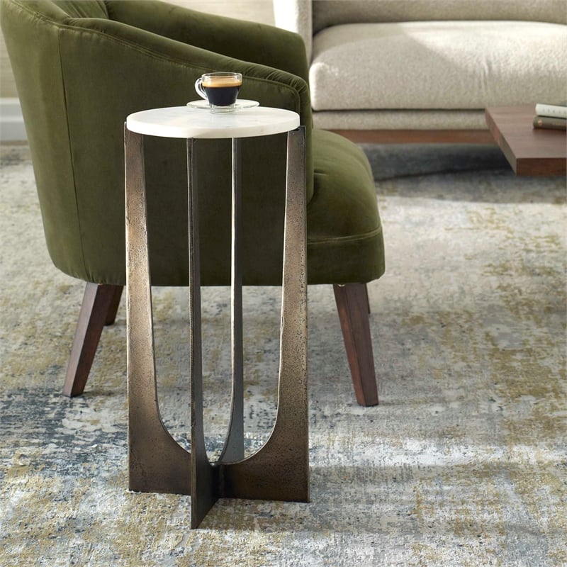 Pemberly Row Contemporary Marble Accent Table in Bronze/White