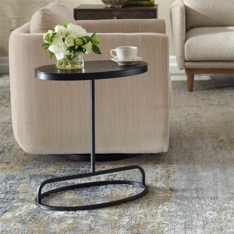 Pemberly Row Aluminum and Iron Accent Oval Top Table in Black