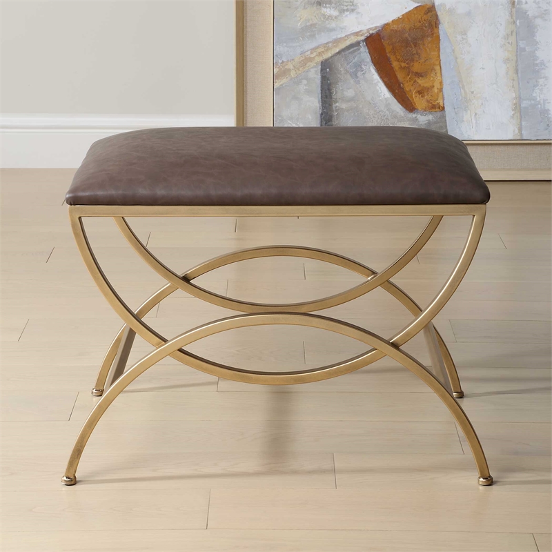 Pemberly Row Contemporary Iron Accent Stool in Brown and Antique Brass