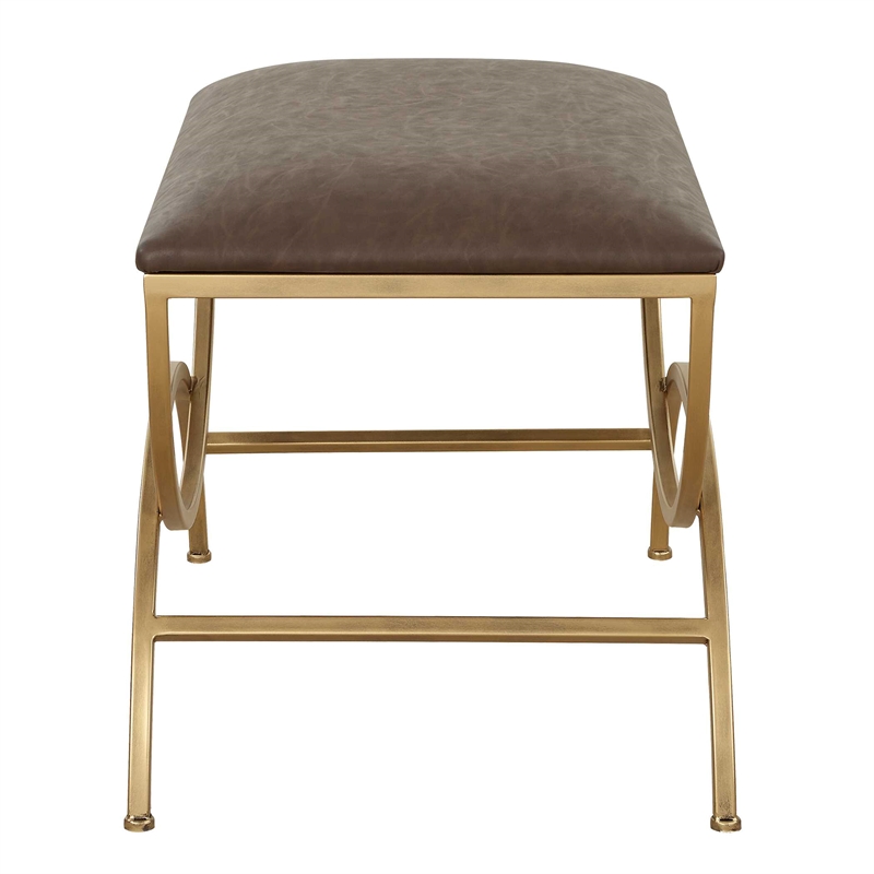 Pemberly Row Contemporary Iron Accent Stool in Brown and Antique Brass
