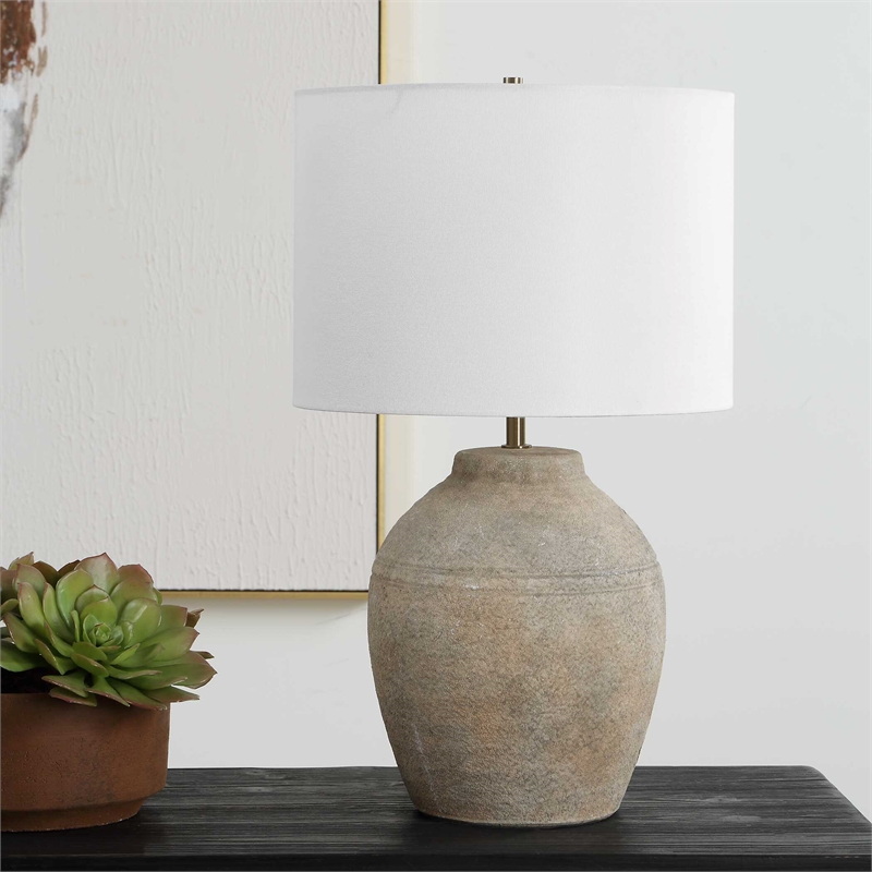 Pemberly Row Handcrafted Ceramic Base Farmhouse Table Lamp in Brown