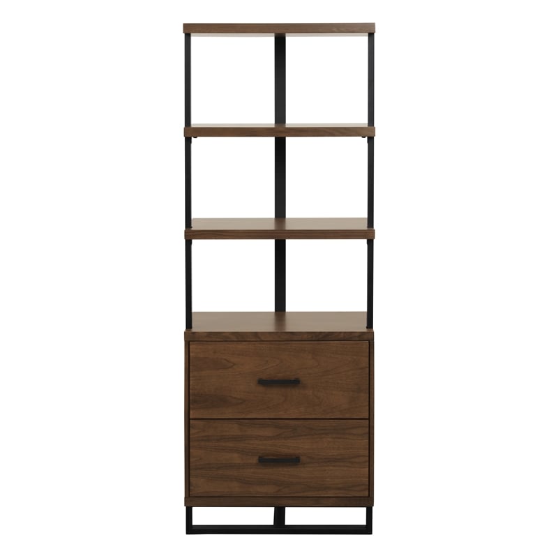 Pemberly Row Mid-Century Metal 3 Shelf Bookcase in Walnut and Black