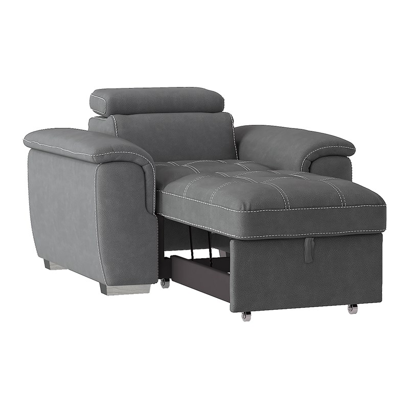 Pemberly Row Microfiber Accent Chair with Pull Out Ottoman in Gray