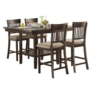 Pemberly Row 5 Piece Counter Height Dining Set in Brown with Slat Back Chairs