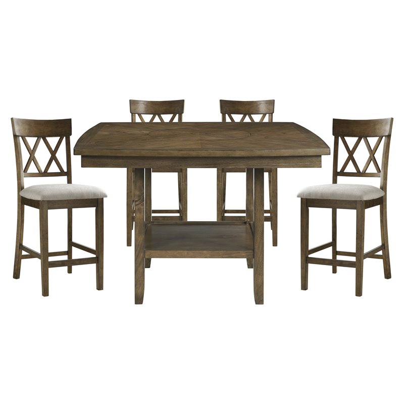 Pemberly Row 5 Piece Counter Height Dining Set in Oak with Crossback Chairs