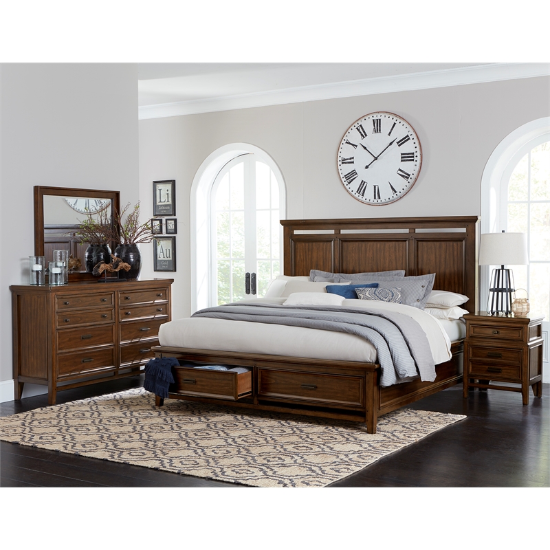 Pemberly Row Queen Platform Bed with Drawers in Brown Cherry