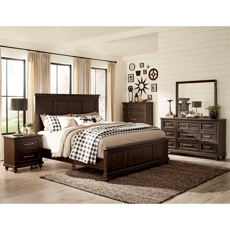 Pemberly Row Traditional Queen Bed in Driftwood Charcoal Finish